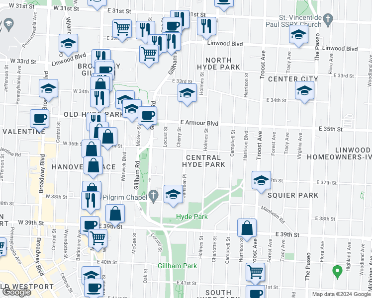 map of restaurants, bars, coffee shops, grocery stores, and more near 612 East 36th Street in Kansas City