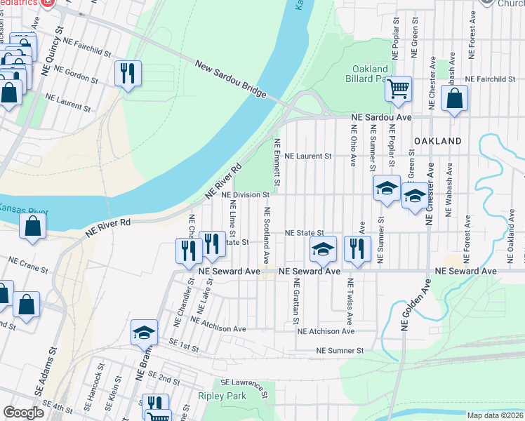 map of restaurants, bars, coffee shops, grocery stores, and more near 534 Northeast Wilson Avenue in Topeka