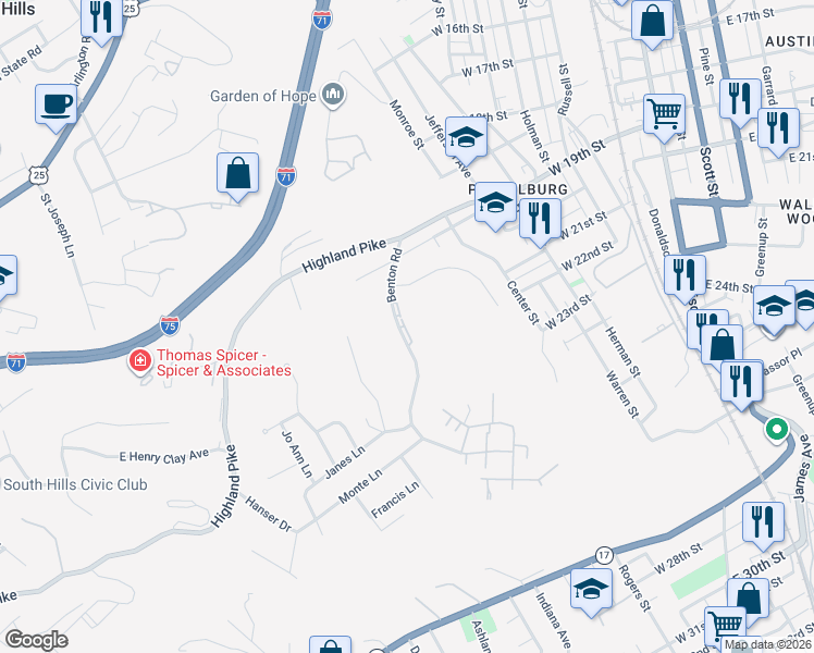 map of restaurants, bars, coffee shops, grocery stores, and more near 2018 Benton Road in Covington