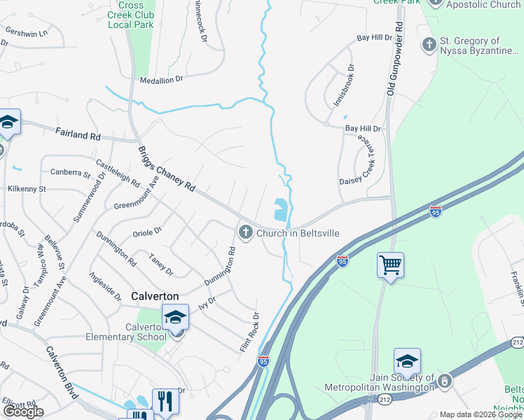map of restaurants, bars, coffee shops, grocery stores, and more near 12507 Calvert Hills Drive in Beltsville