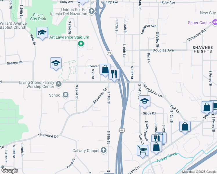 map of restaurants, bars, coffee shops, grocery stores, and more near 945 Shawnee Drive in Kansas City