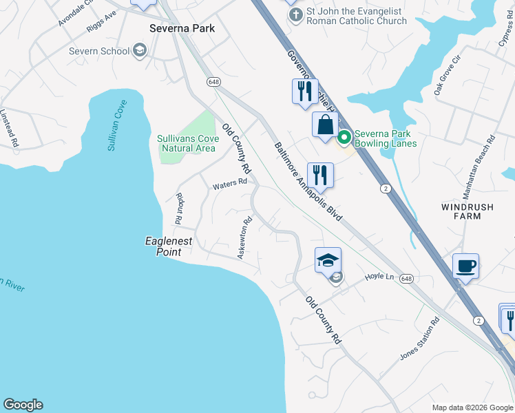 map of restaurants, bars, coffee shops, grocery stores, and more near 588 Old County Road in Severna Park