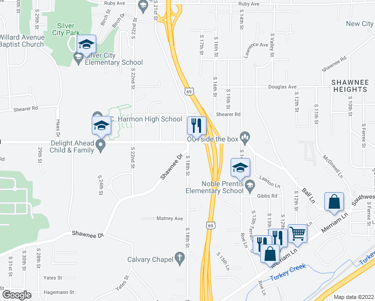 map of restaurants, bars, coffee shops, grocery stores, and more near 945 Shawnee Drive in Kansas City