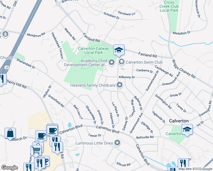 map of restaurants, bars, coffee shops, grocery stores, and more near 12517 Waldo Lane in Silver Spring