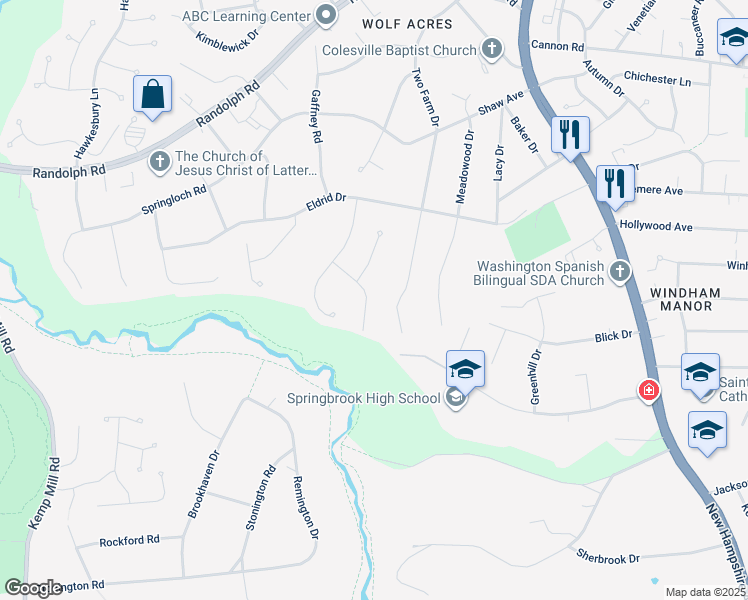 map of restaurants, bars, coffee shops, grocery stores, and more near 12509 White Drive in Silver Spring