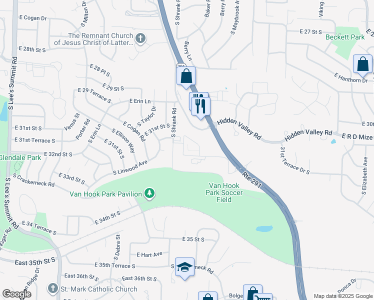 map of restaurants, bars, coffee shops, grocery stores, and more near 11240 Jennings Road in Independence