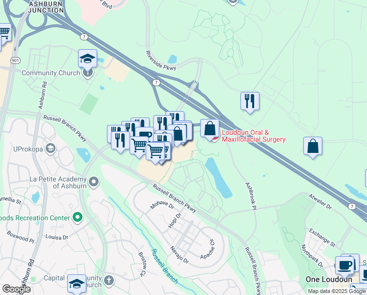 map of restaurants, bars, coffee shops, grocery stores, and more near 20020 Ashbrook Commons Plaza in Ashburn