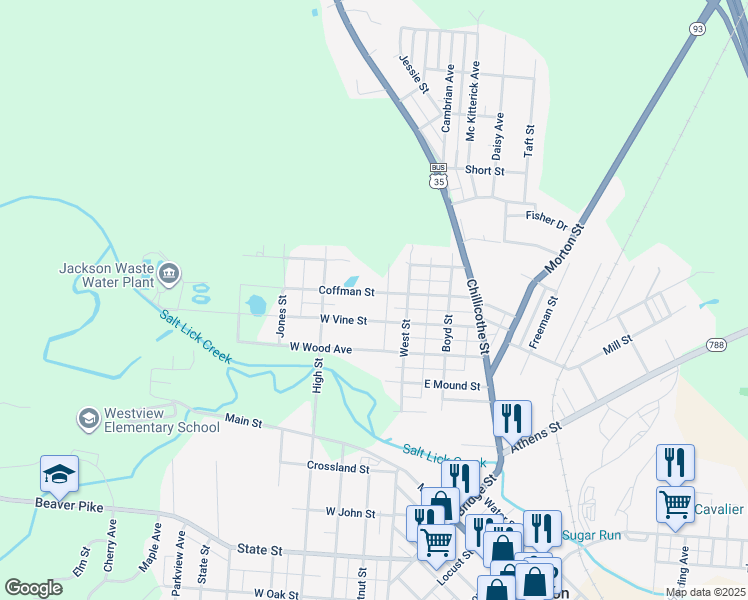 map of restaurants, bars, coffee shops, grocery stores, and more near 6W West Vine Street in Jackson