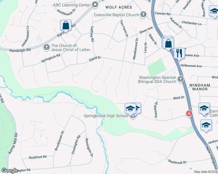 map of restaurants, bars, coffee shops, grocery stores, and more near 12509 White Drive in Silver Spring