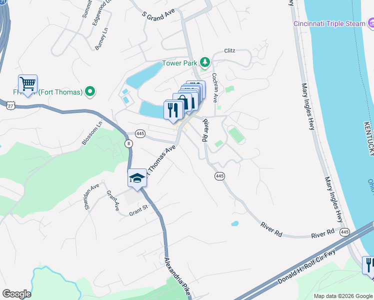 map of restaurants, bars, coffee shops, grocery stores, and more near 61 Shawnee Avenue in Fort Thomas