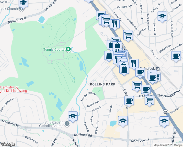 map of restaurants, bars, coffee shops, grocery stores, and more near 261 Congressional Lane in Rockville