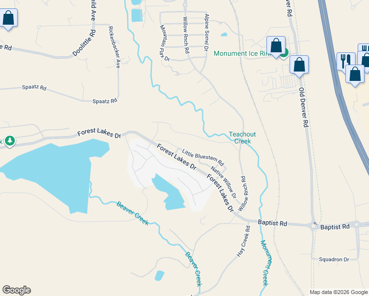 map of restaurants, bars, coffee shops, grocery stores, and more near 2107 Forest Lakes Drive in Monument