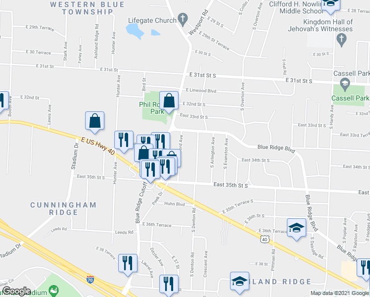 map of restaurants, bars, coffee shops, grocery stores, and more near 3322 South Denton Road in Independence