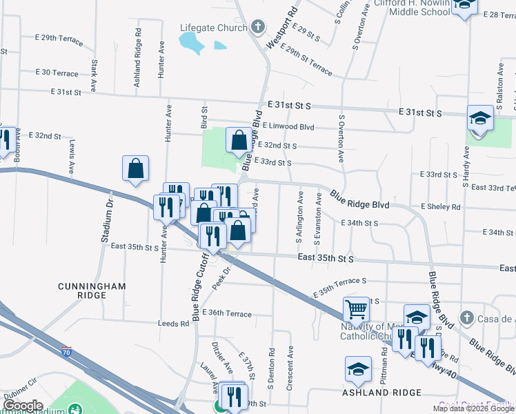 map of restaurants, bars, coffee shops, grocery stores, and more near 3322 South Denton Road in Independence