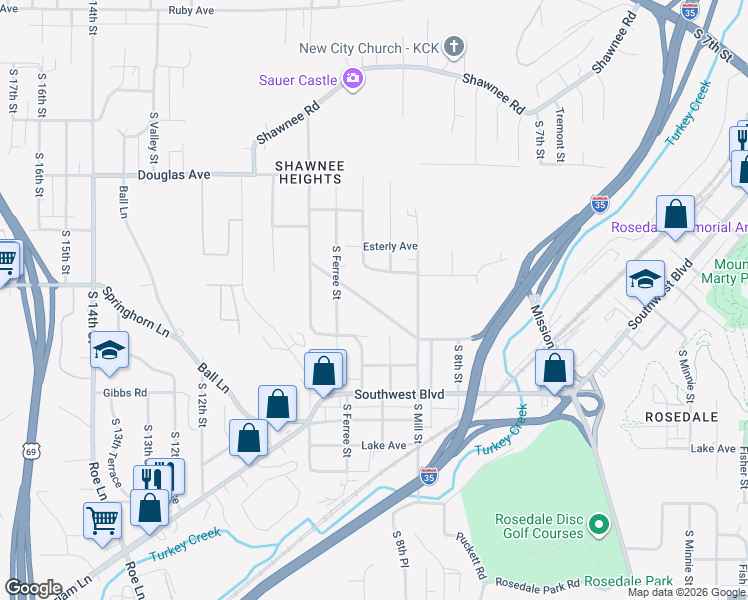 map of restaurants, bars, coffee shops, grocery stores, and more near 1600 Rosedale Drive in Kansas City