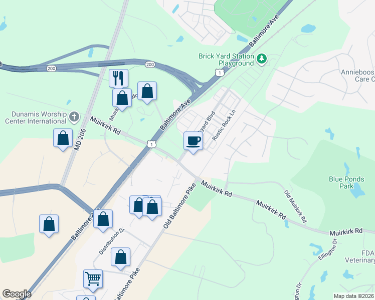 map of restaurants, bars, coffee shops, grocery stores, and more near 12401 Brickyard Boulevard in Beltsville
