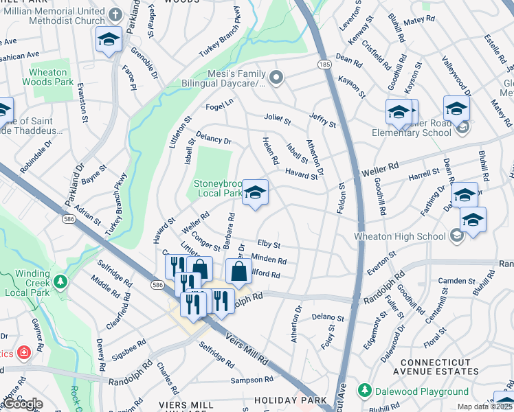 map of restaurants, bars, coffee shops, grocery stores, and more near 12518 Greenly Street in Silver Spring
