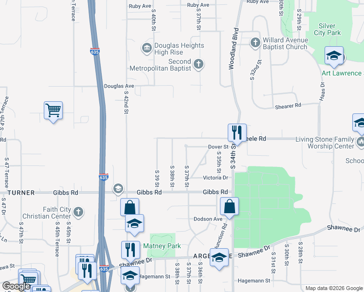 map of restaurants, bars, coffee shops, grocery stores, and more near 2126 South 37th Street in Kansas City
