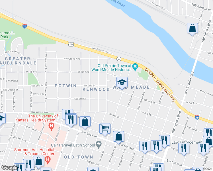 map of restaurants, bars, coffee shops, grocery stores, and more near 1251 Southwest 2nd Street in Topeka