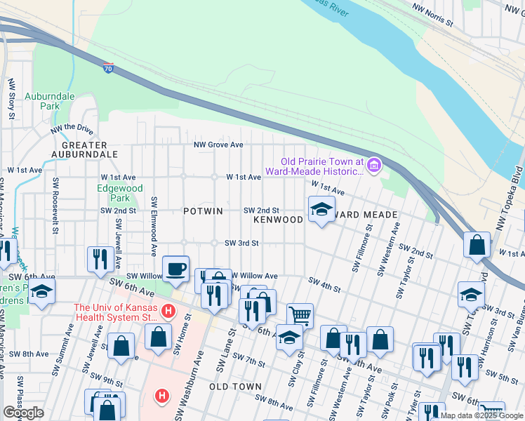 map of restaurants, bars, coffee shops, grocery stores, and more near 1401 Southwest 2nd Street in Topeka