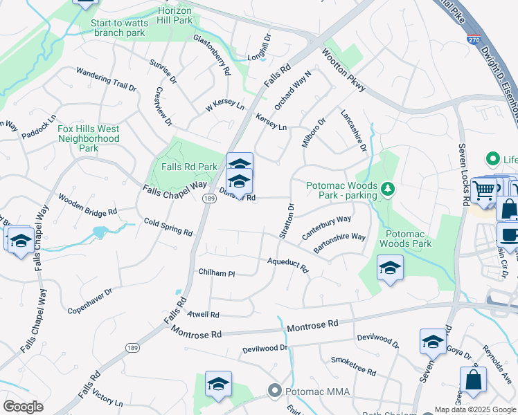 map of restaurants, bars, coffee shops, grocery stores, and more near 1515 Dunster Road in Rockville