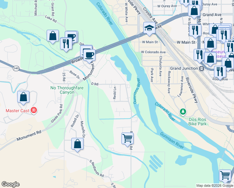 map of restaurants, bars, coffee shops, grocery stores, and more near 381 Redd Ln in Grand Junction
