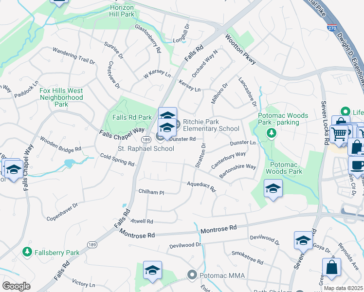 map of restaurants, bars, coffee shops, grocery stores, and more near 1515 Dunster Road in Rockville