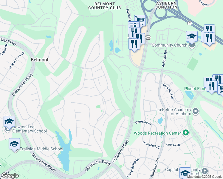 map of restaurants, bars, coffee shops, grocery stores, and more near 19996 Hazeltine Place in Ashburn
