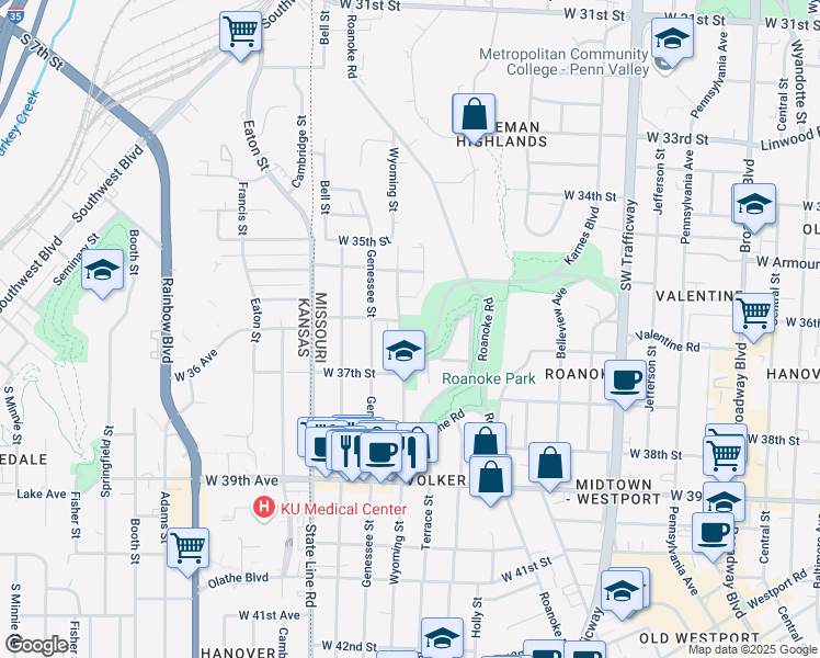 map of restaurants, bars, coffee shops, grocery stores, and more near 3606 West Roanoke Parkway in Kansas City