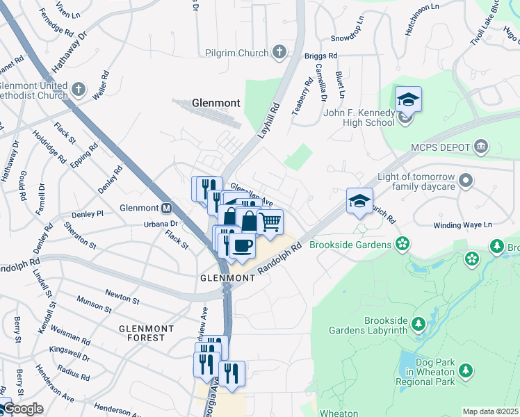 map of restaurants, bars, coffee shops, grocery stores, and more near 2205 Greenery Lane in Silver Spring