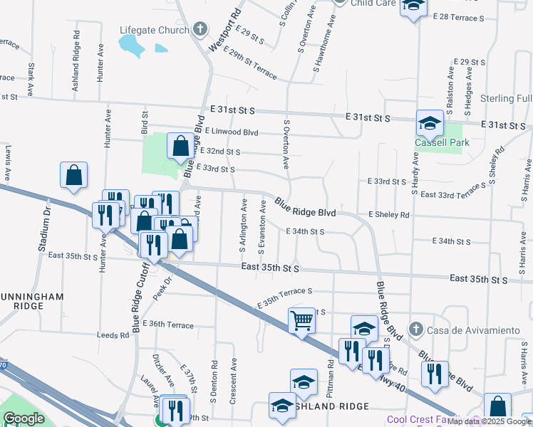 map of restaurants, bars, coffee shops, grocery stores, and more near 3340 South Evanston Avenue in Independence