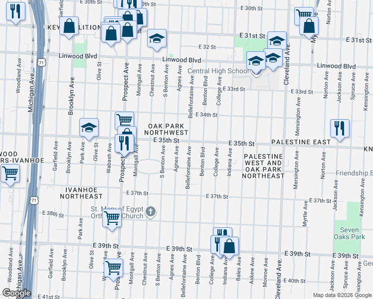 map of restaurants, bars, coffee shops, grocery stores, and more near 3522 Bellefontaine Avenue in Kansas City