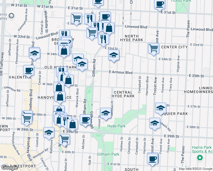 map of restaurants, bars, coffee shops, grocery stores, and more near 501 East 36th Street in Kansas City