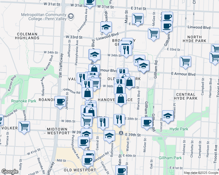 map of restaurants, bars, coffee shops, grocery stores, and more near 3612 Wyandotte Street in Kansas City