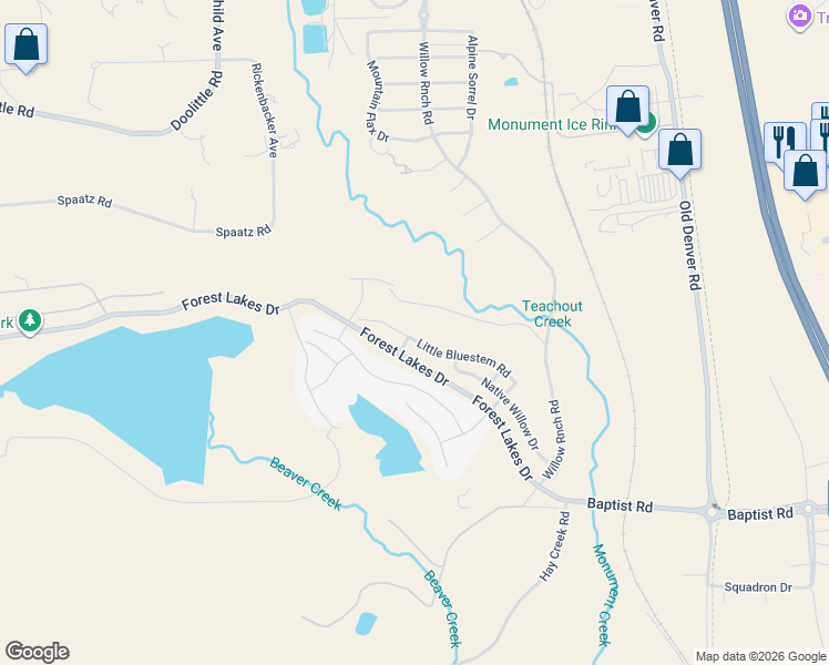 map of restaurants, bars, coffee shops, grocery stores, and more near 2107 Forest Lakes Drive in Monument