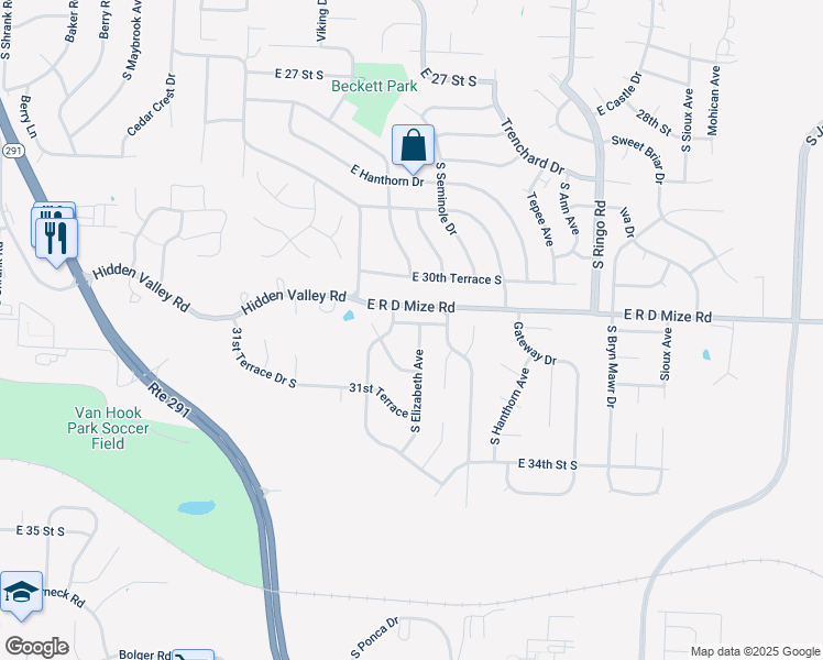 map of restaurants, bars, coffee shops, grocery stores, and more near 3119 South Elizabeth Avenue in Independence