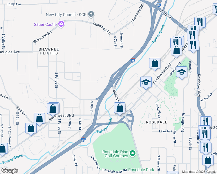 map of restaurants, bars, coffee shops, grocery stores, and more near Interstate 35 in Kansas City