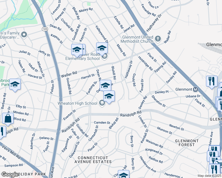 map of restaurants, bars, coffee shops, grocery stores, and more near 12601 Dalewood Drive in Silver Spring
