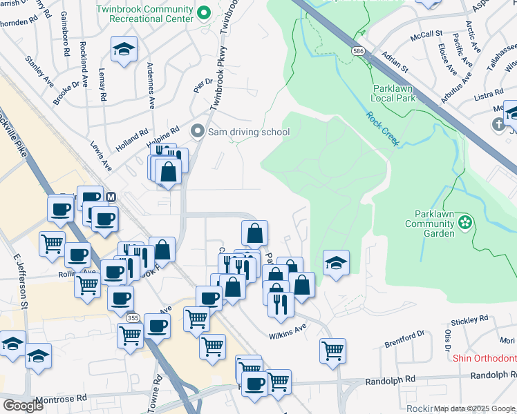 map of restaurants, bars, coffee shops, grocery stores, and more near 5600 Fishers Lane in Rockville