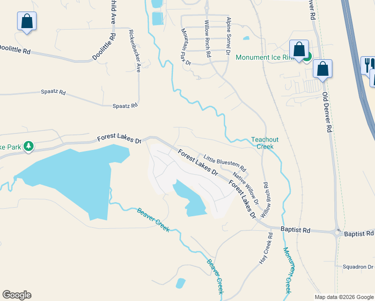 map of restaurants, bars, coffee shops, grocery stores, and more near 15841 Lake Mist Drive in Monument