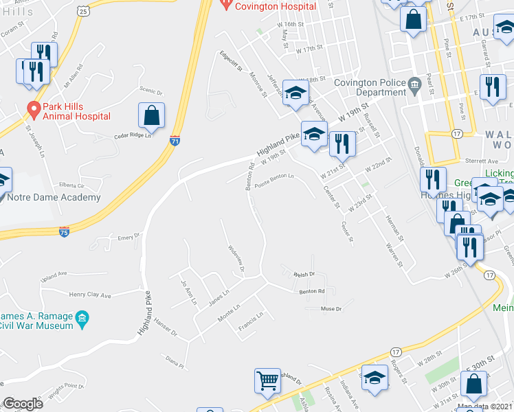 map of restaurants, bars, coffee shops, grocery stores, and more near 2018 Benton Road in Covington