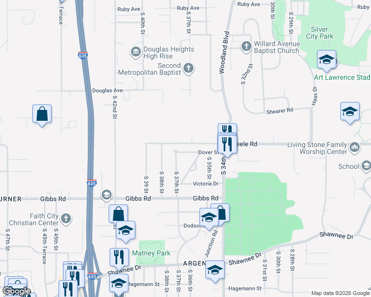 map of restaurants, bars, coffee shops, grocery stores, and more near 3615 Dover Street in Kansas City