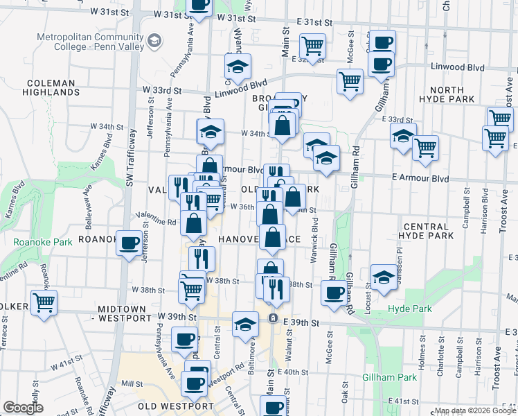 map of restaurants, bars, coffee shops, grocery stores, and more near 3601 Baltimore Avenue in Kansas City