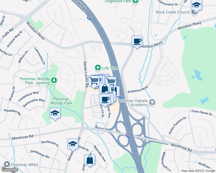 map of restaurants, bars, coffee shops, grocery stores, and more near Fortune Terrace in Potomac