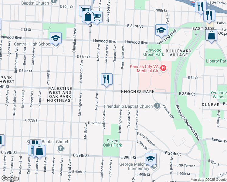 map of restaurants, bars, coffee shops, grocery stores, and more near East 35th Street & Spruce Avenue in Kansas City