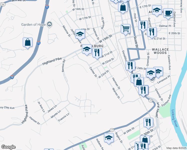 map of restaurants, bars, coffee shops, grocery stores, and more near 2209 Center Street in Covington