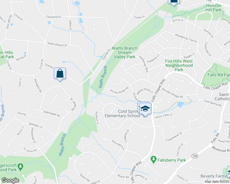 map of restaurants, bars, coffee shops, grocery stores, and more near 9407 Wooden Bridge Road in Potomac