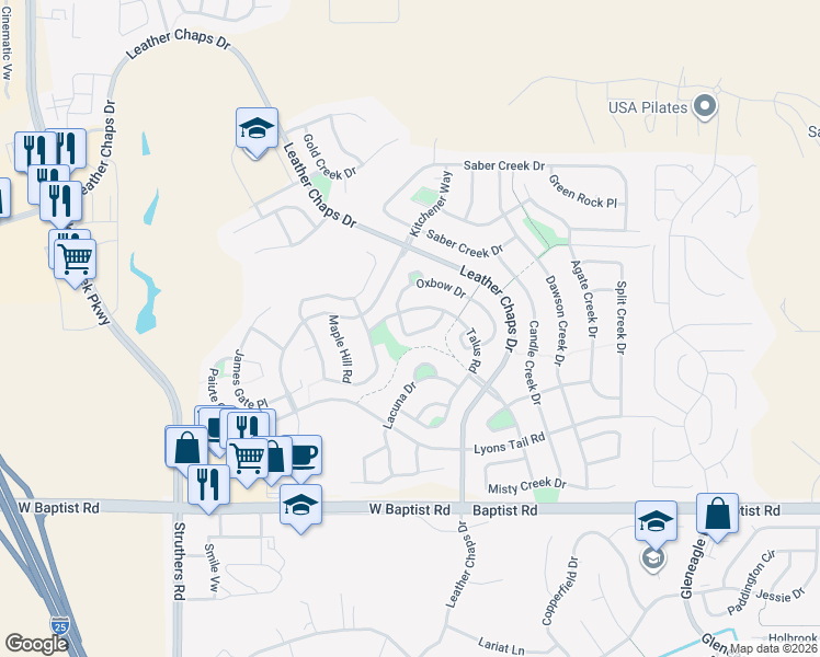 map of restaurants, bars, coffee shops, grocery stores, and more near 517 Oxbow Drive in Monument