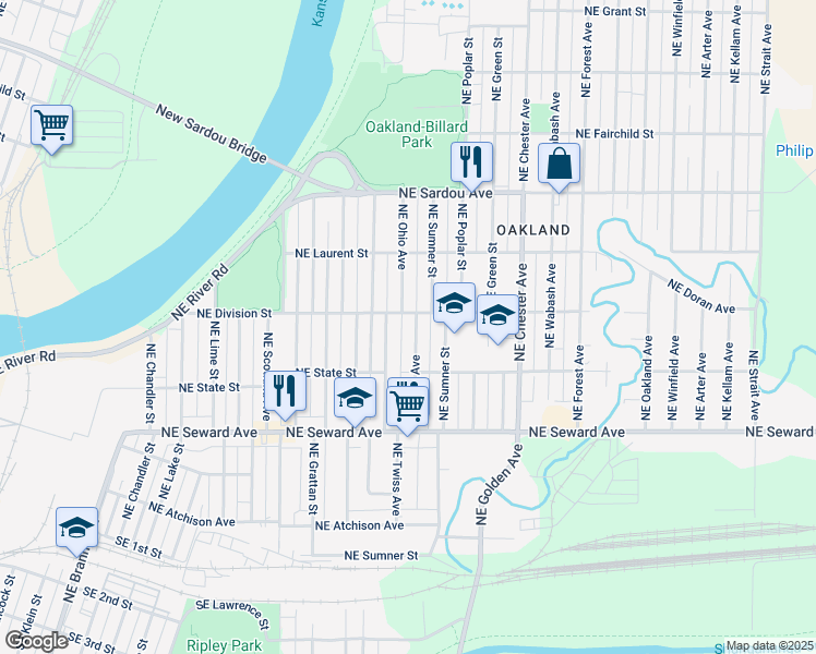 map of restaurants, bars, coffee shops, grocery stores, and more near 520 Northeast Twiss Avenue in Topeka