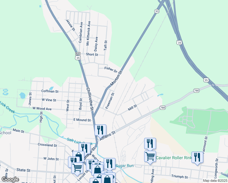 map of restaurants, bars, coffee shops, grocery stores, and more near Freeman Street in Jackson